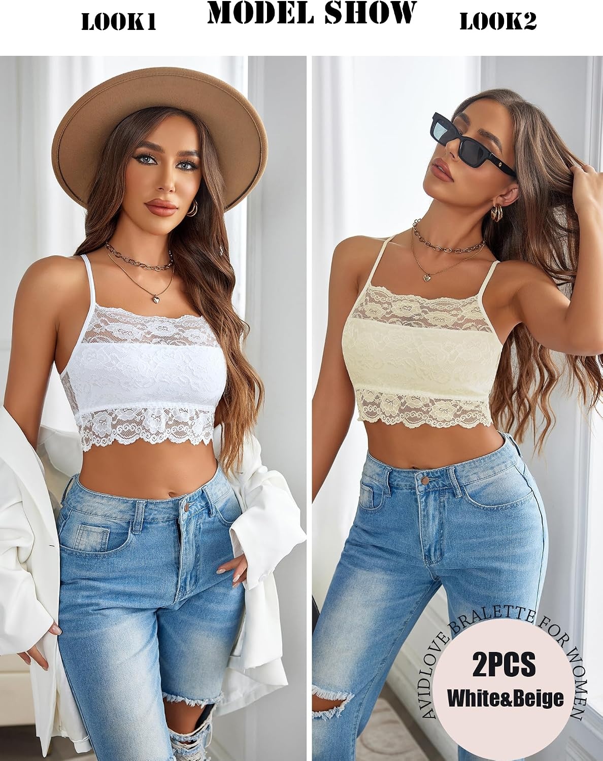 image:imageAvidlove 2Pcs Lace Camisoles for Women High Neck Bralettes Racerback Adjustable Crop Top LingerieWhitebeige