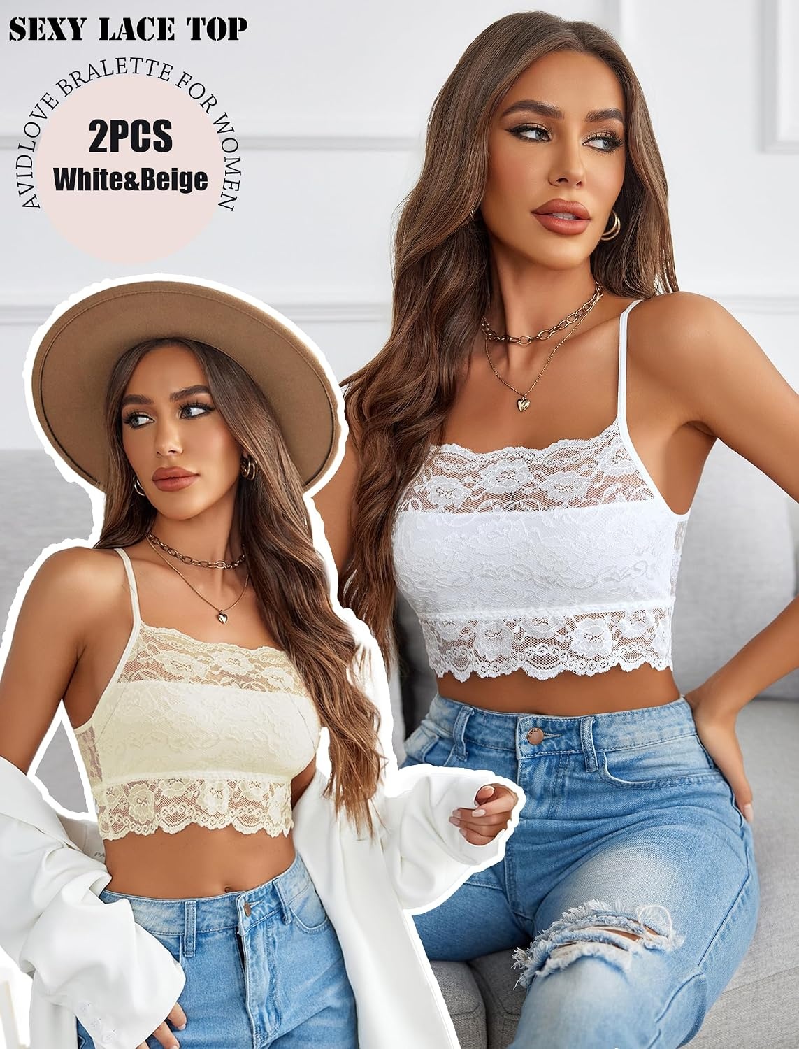 image:imageAvidlove 2Pcs Lace Camisoles for Women High Neck Bralettes Racerback Adjustable Crop Top LingerieWhitebeige