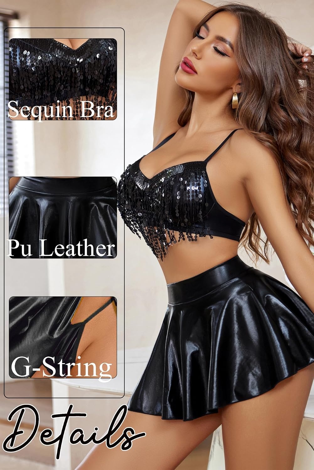image:imageAvidlove 3Piece Rave Outfits Women Faux Leather Sequin Fringe Crop Top Metallic Mini Skirt Club Festival Halloween SetBlack