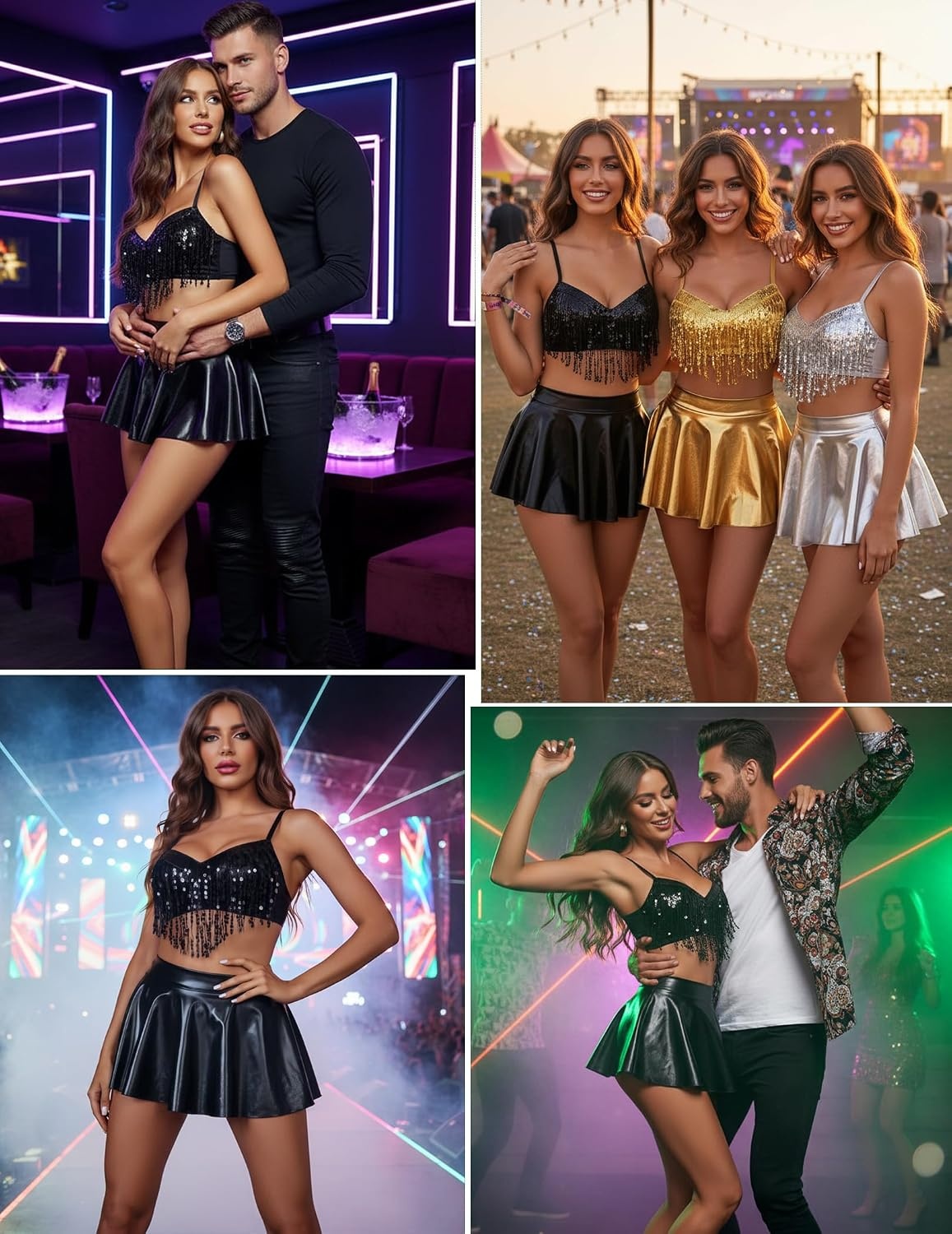 image:imageAvidlove 3Piece Rave Outfits Women Faux Leather Sequin Fringe Crop Top Metallic Mini Skirt Club Festival Halloween SetBlack