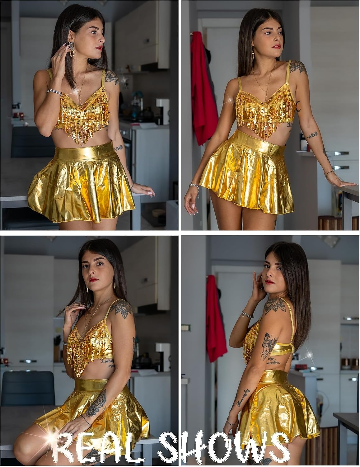 image:imageAvidlove 3Piece Rave Outfits Women Faux Leather Sequin Fringe Crop Top Metallic Mini Skirt Club Festival Halloween SetGold