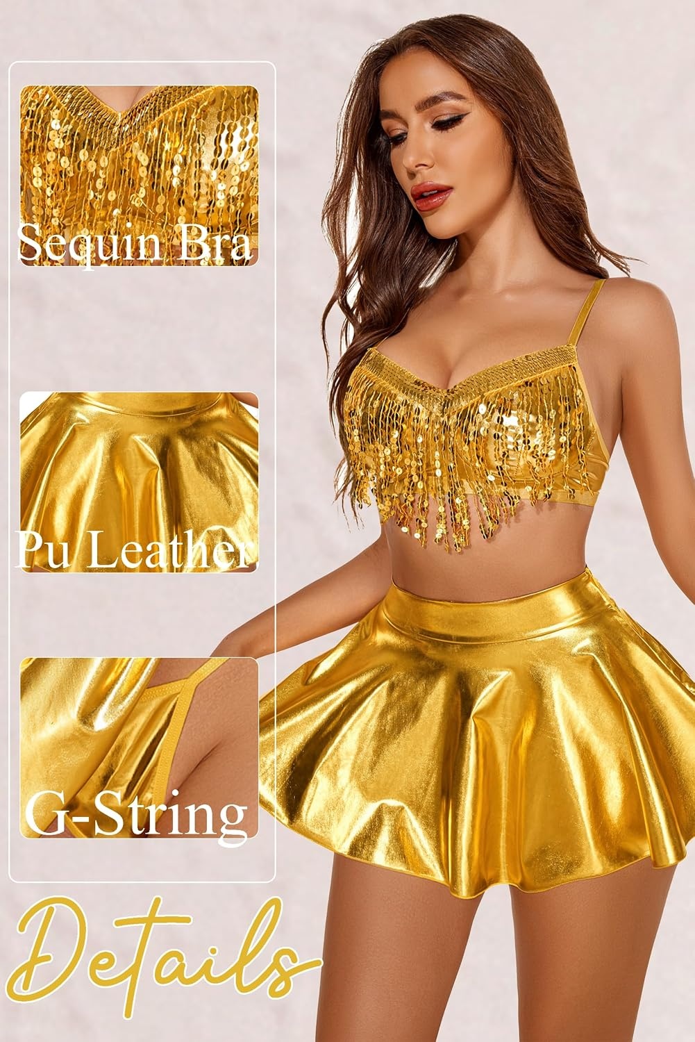 image:imageAvidlove 3Piece Rave Outfits Women Faux Leather Sequin Fringe Crop Top Metallic Mini Skirt Club Festival Halloween SetGold