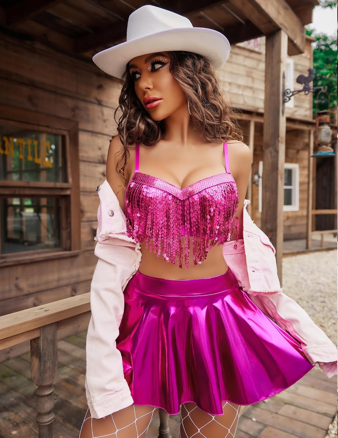 image:imageAvidlove 3Piece Rave Outfits Women Faux Leather Sequin Fringe Crop Top Metallic Mini Skirt Club Festival Halloween SetHot Pink