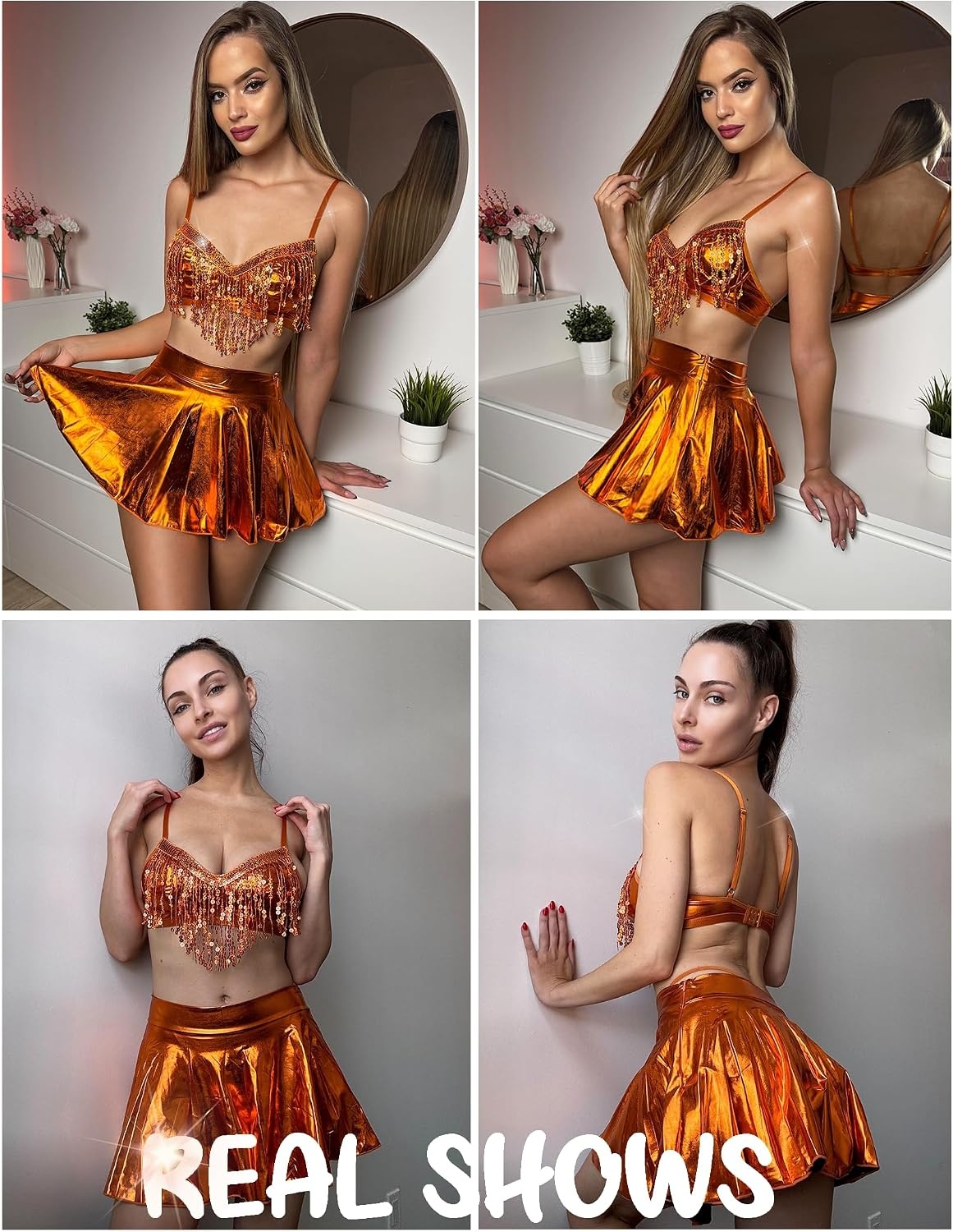 image:imageAvidlove 3Piece Rave Outfits Women Faux Leather Sequin Fringe Crop Top Metallic Mini Skirt Club Festival Halloween SetOrange