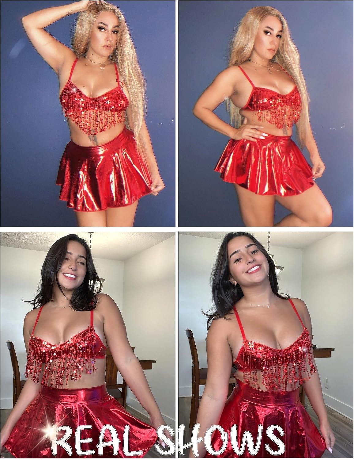 image:imageAvidlove 3Piece Rave Outfits Women Faux Leather Sequin Fringe Crop Top Metallic Mini Skirt Club Festival Halloween SetRed