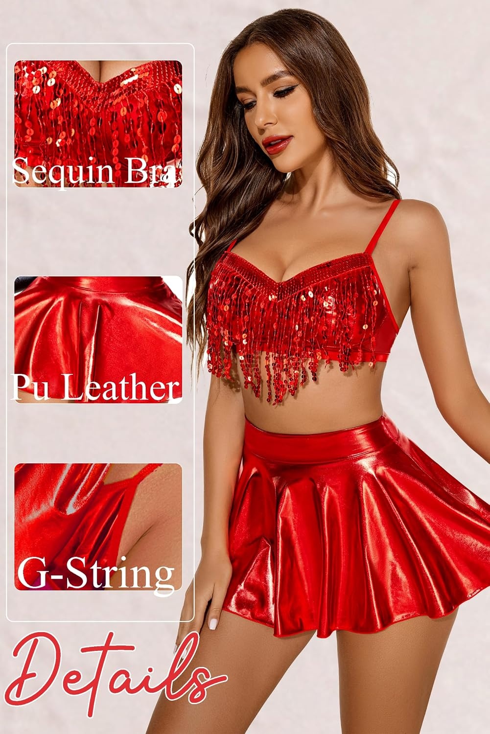 image:imageAvidlove 3Piece Rave Outfits Women Faux Leather Sequin Fringe Crop Top Metallic Mini Skirt Club Festival Halloween SetRed