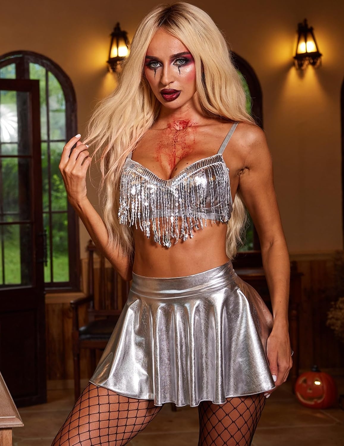 image:imageAvidlove 3Piece Rave Outfits Women Faux Leather Sequin Fringe Crop Top Metallic Mini Skirt Club Festival Halloween SetSilver