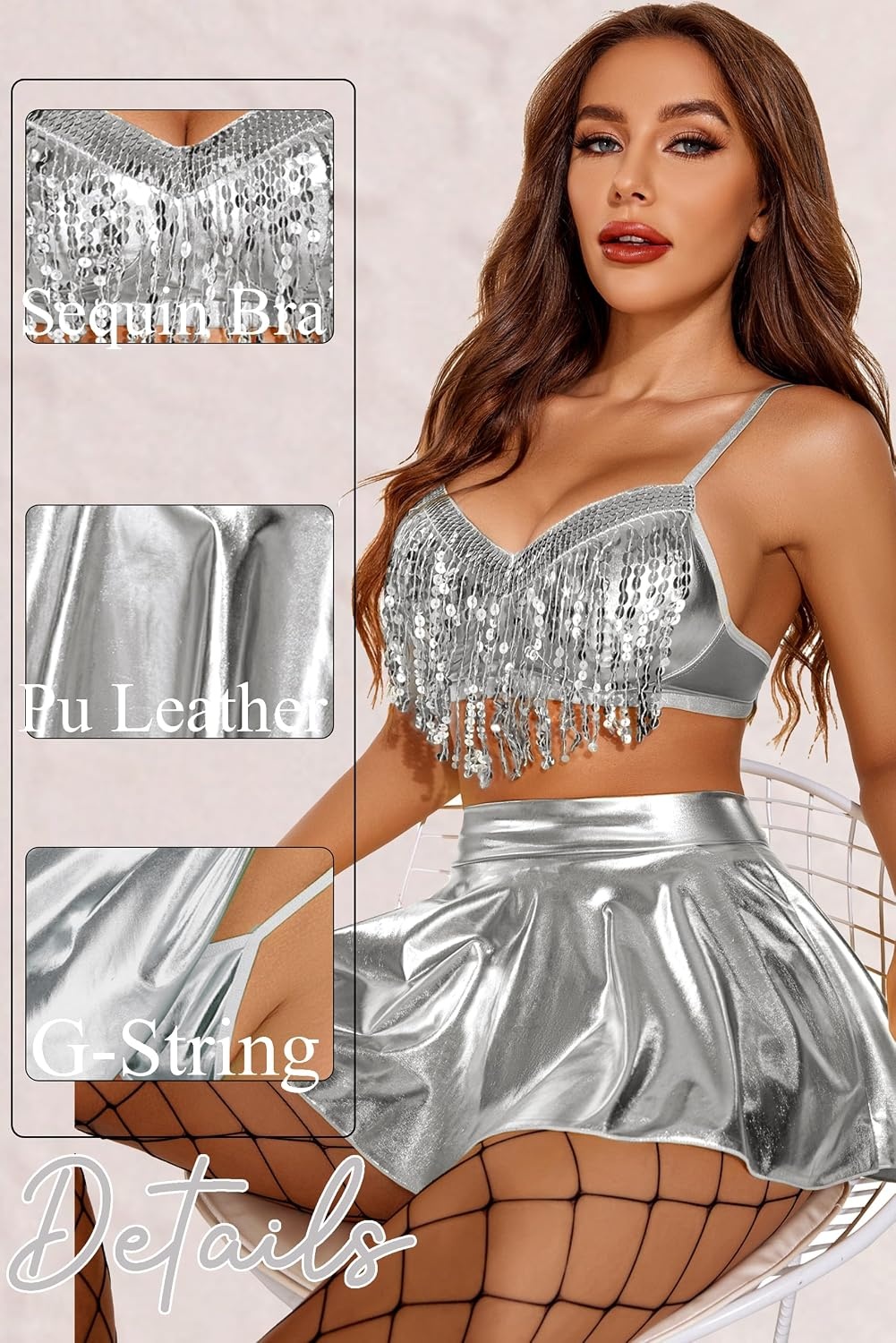 image:imageAvidlove 3Piece Rave Outfits Women Faux Leather Sequin Fringe Crop Top Metallic Mini Skirt Club Festival Halloween SetSilver