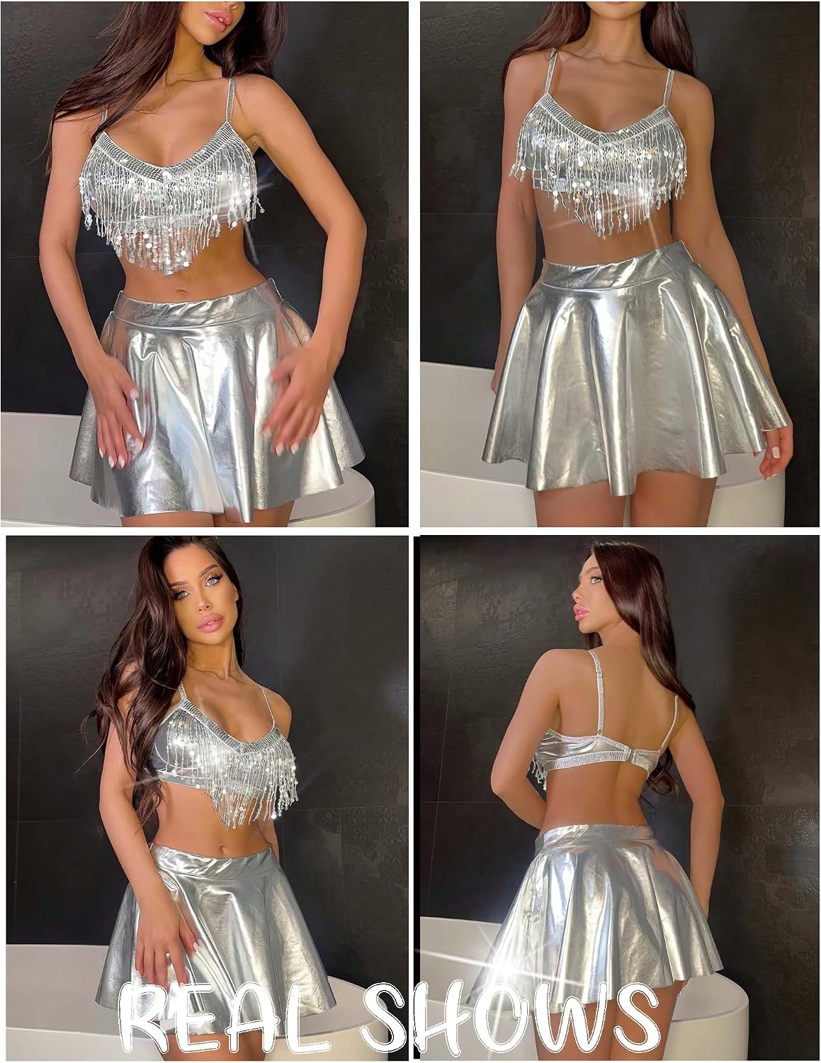 image:imageAvidlove 3Piece Rave Outfits Women Faux Leather Sequin Fringe Crop Top Metallic Mini Skirt Club Festival Halloween SetSilver