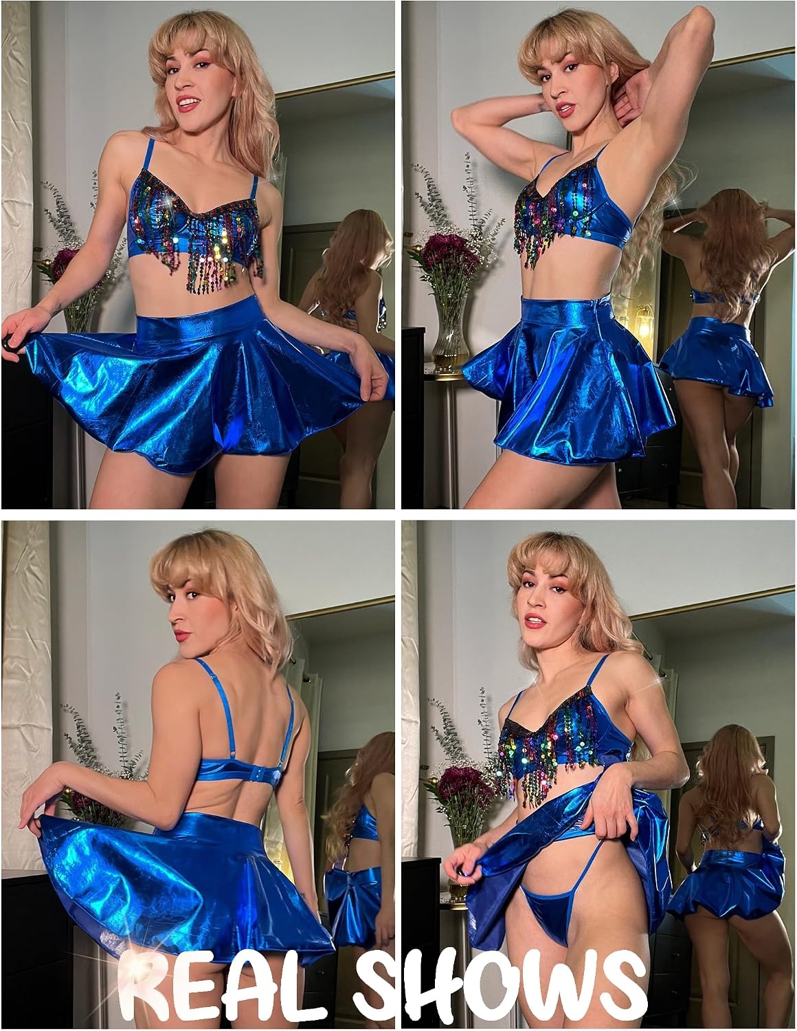 image:imageAvidlove 3Piece Rave Outfits Women Faux Leather Sequin Fringe Crop Top Metallic Mini Skirt Club Festival Halloween SetSky Blue