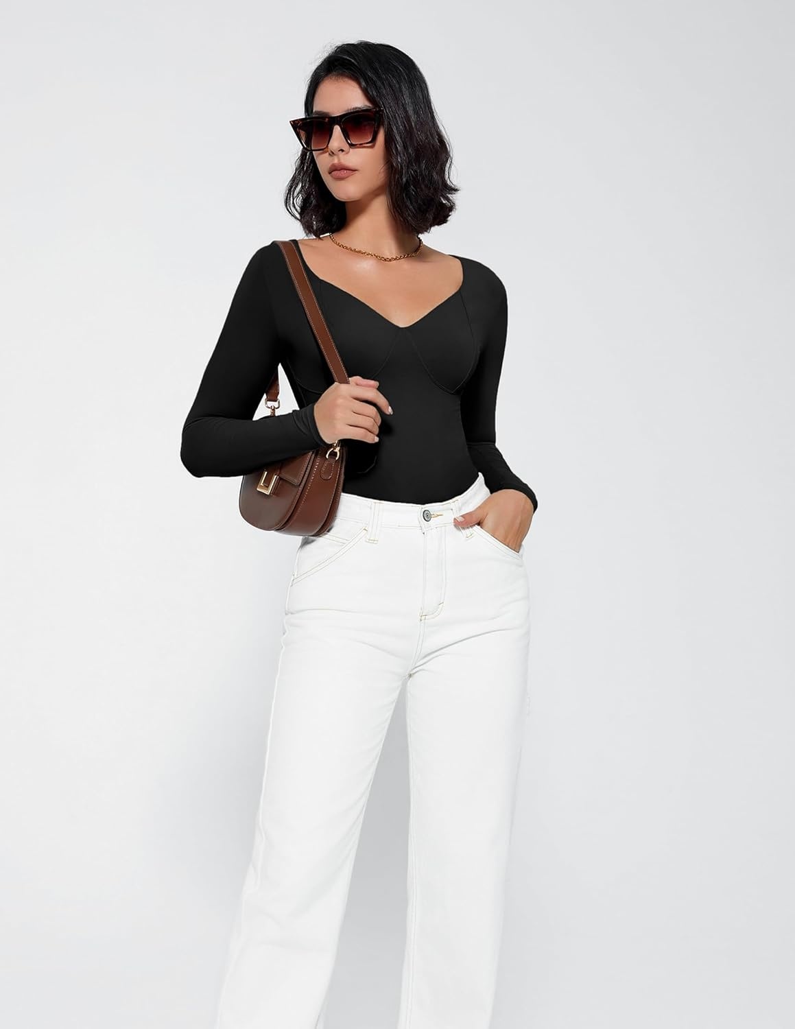 image:imageAvidlove Bodysuit for Women Long Sleeve Double Lined Tank Top V Neck Bodysuit Tummy Control ShapewearBlack