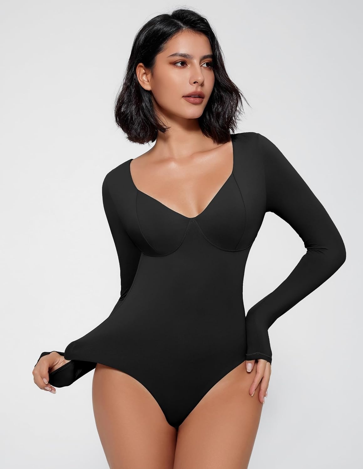 image:imageAvidlove Bodysuit for Women Long Sleeve Double Lined Tank Top V Neck Bodysuit Tummy Control ShapewearBlack