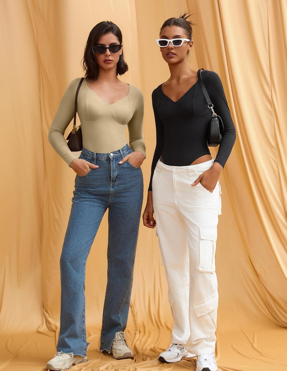 image:imageAvidlove Bodysuit for Women Long Sleeve Double Lined Tank Top V Neck Bodysuit Tummy Control ShapewearBlack