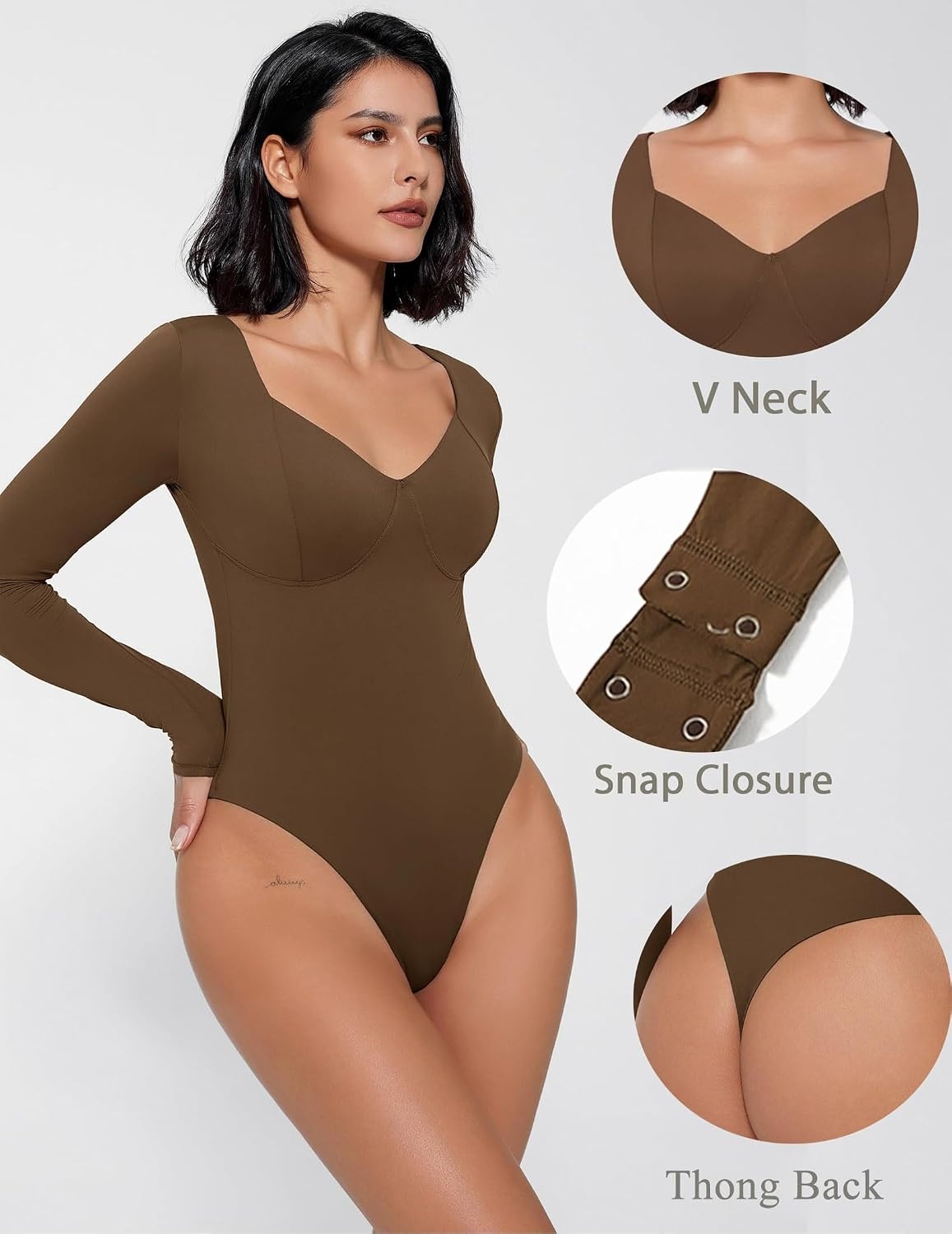 image:imageAvidlove Bodysuit for Women Long Sleeve Double Lined Tank Top V Neck Bodysuit Tummy Control ShapewearBrown