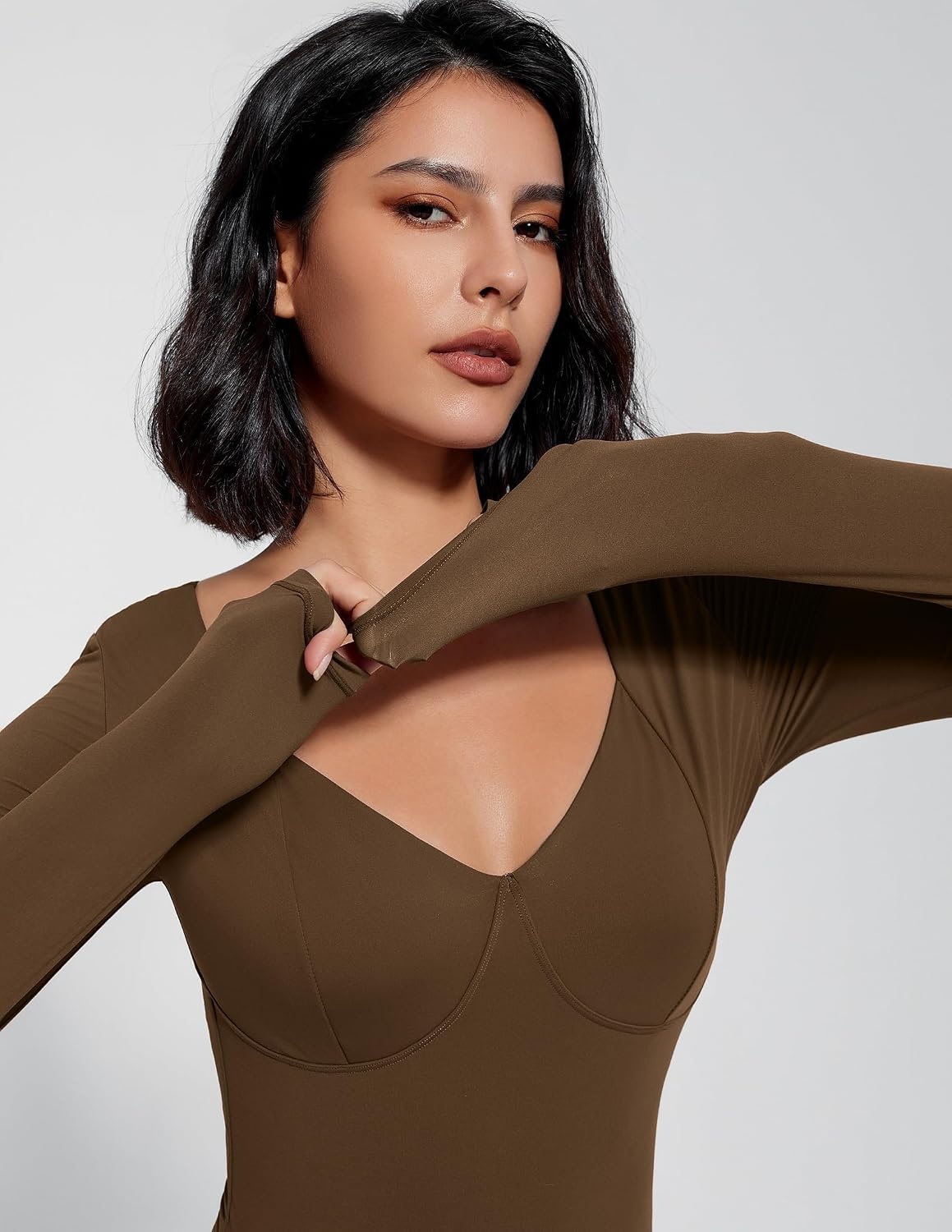 image:imageAvidlove Bodysuit for Women Long Sleeve Double Lined Tank Top V Neck Bodysuit Tummy Control ShapewearBrown