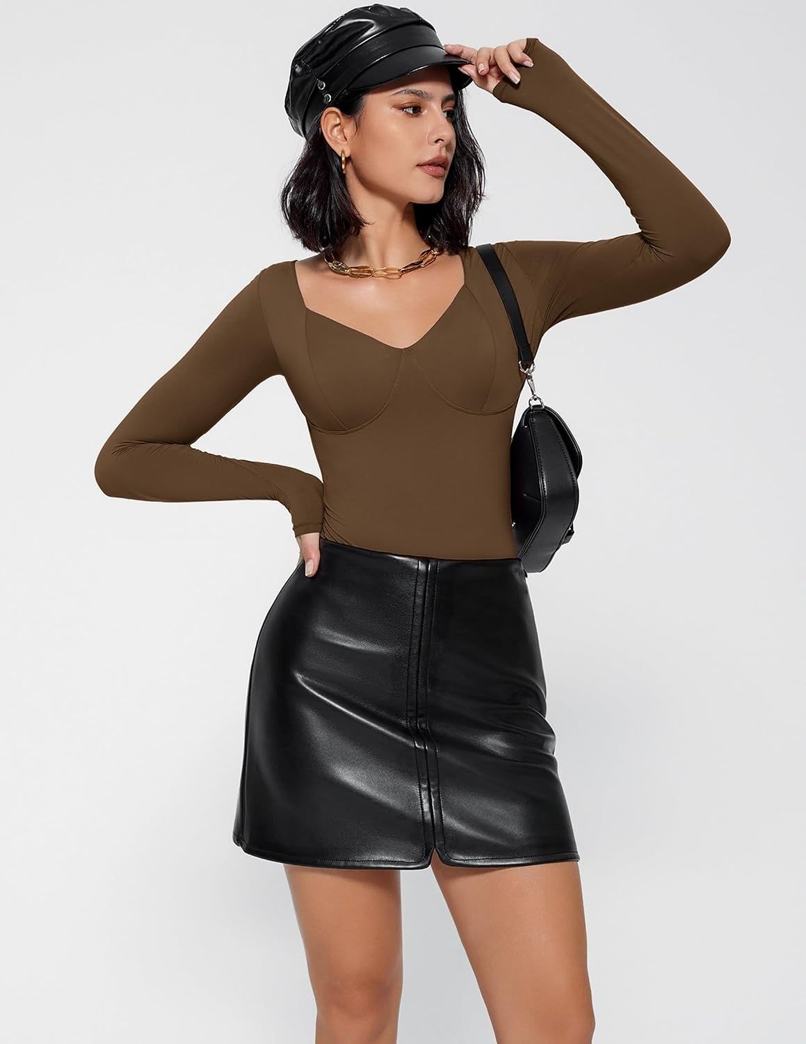 image:imageAvidlove Bodysuit for Women Long Sleeve Double Lined Tank Top V Neck Bodysuit Tummy Control ShapewearBrown