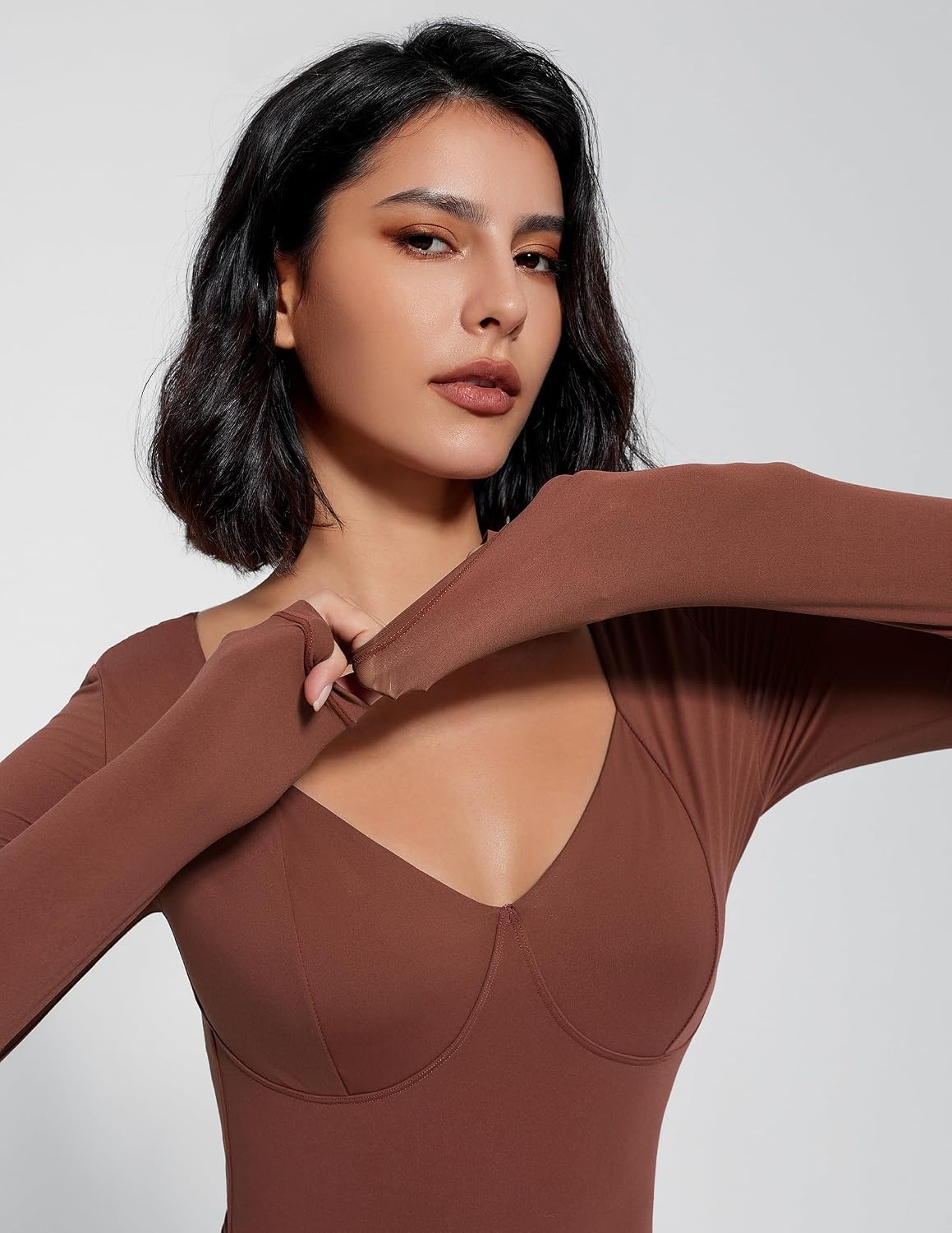 image:imageAvidlove Bodysuit for Women Long Sleeve Double Lined Tank Top V Neck Bodysuit Tummy Control ShapewearFuchsia