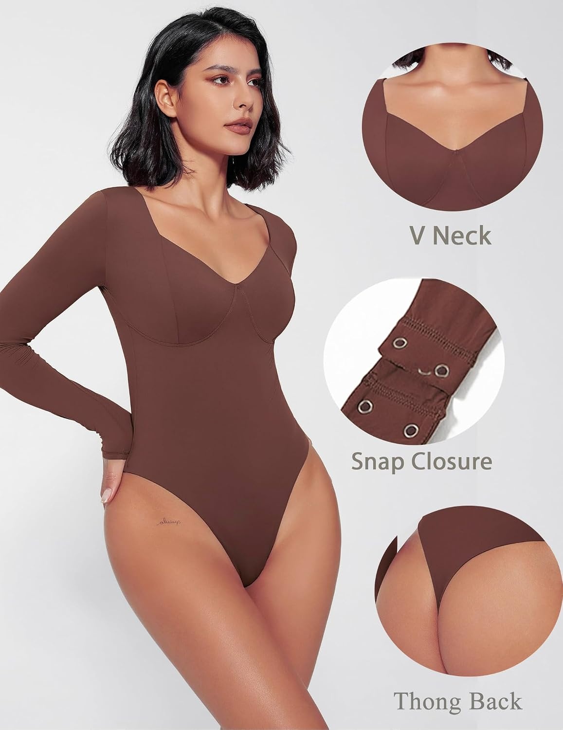 image:imageAvidlove Bodysuit for Women Long Sleeve Double Lined Tank Top V Neck Bodysuit Tummy Control ShapewearFuchsia