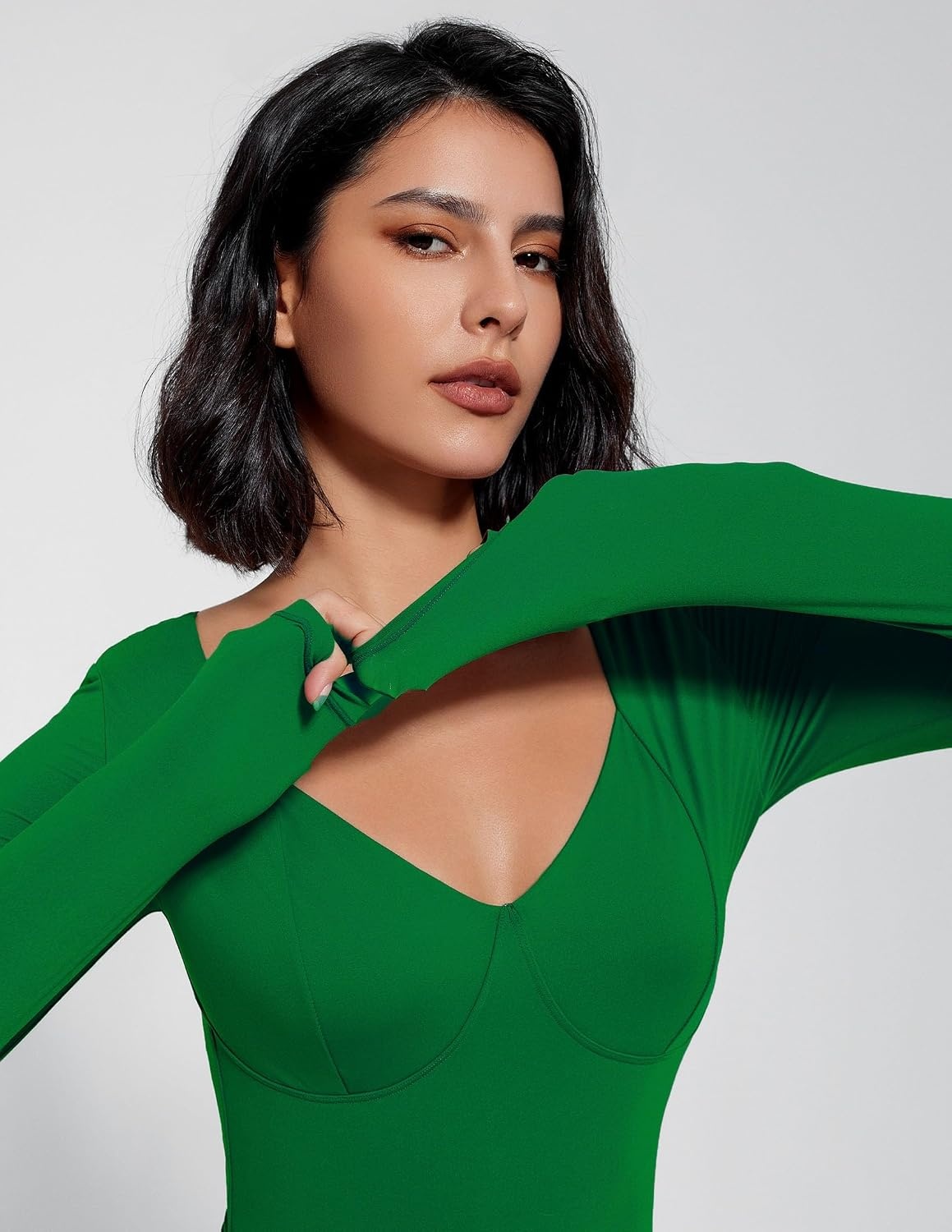 image:imageAvidlove Bodysuit for Women Long Sleeve Double Lined Tank Top V Neck Bodysuit Tummy Control ShapewearGreen