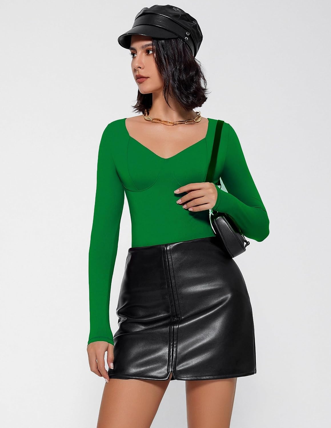 image:imageAvidlove Bodysuit for Women Long Sleeve Double Lined Tank Top V Neck Bodysuit Tummy Control ShapewearGreen