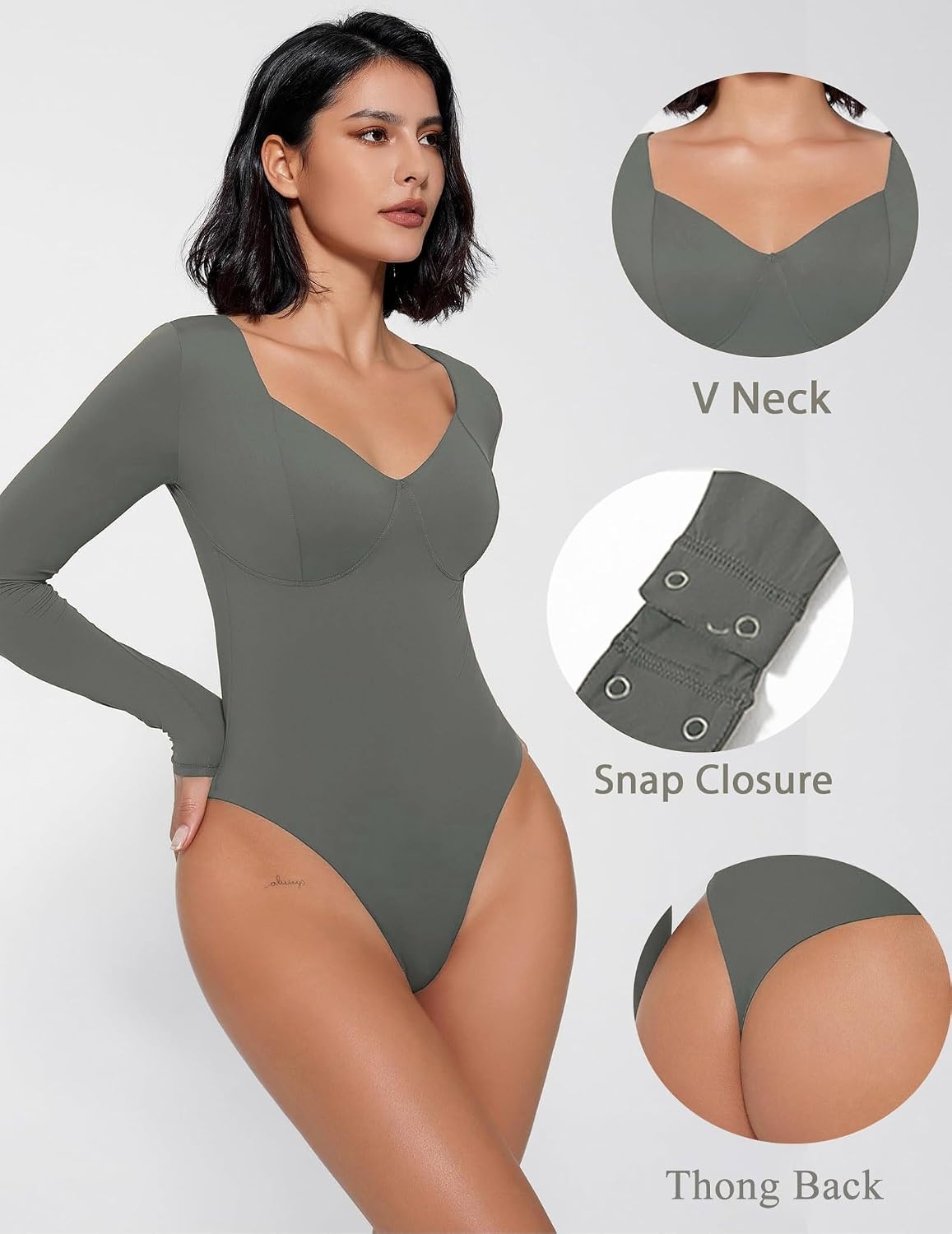 image:imageAvidlove Bodysuit for Women Long Sleeve Double Lined Tank Top V Neck Bodysuit Tummy Control ShapewearGrey