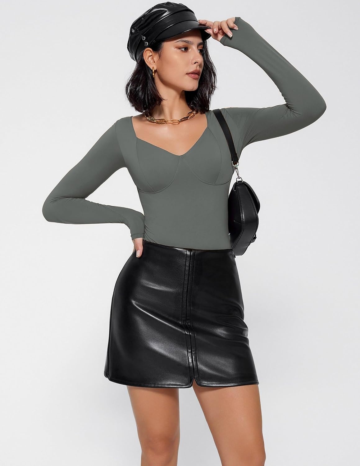 image:imageAvidlove Bodysuit for Women Long Sleeve Double Lined Tank Top V Neck Bodysuit Tummy Control ShapewearGrey