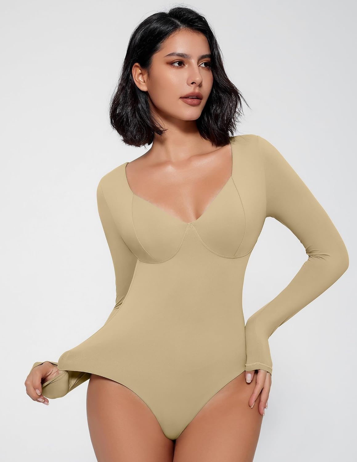 image:imageAvidlove Bodysuit for Women Long Sleeve Double Lined Tank Top V Neck Bodysuit Tummy Control ShapewearKhaki