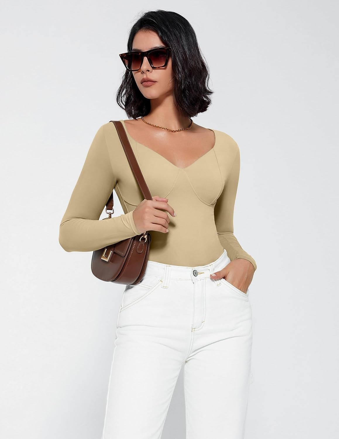 image:imageAvidlove Bodysuit for Women Long Sleeve Double Lined Tank Top V Neck Bodysuit Tummy Control ShapewearKhaki