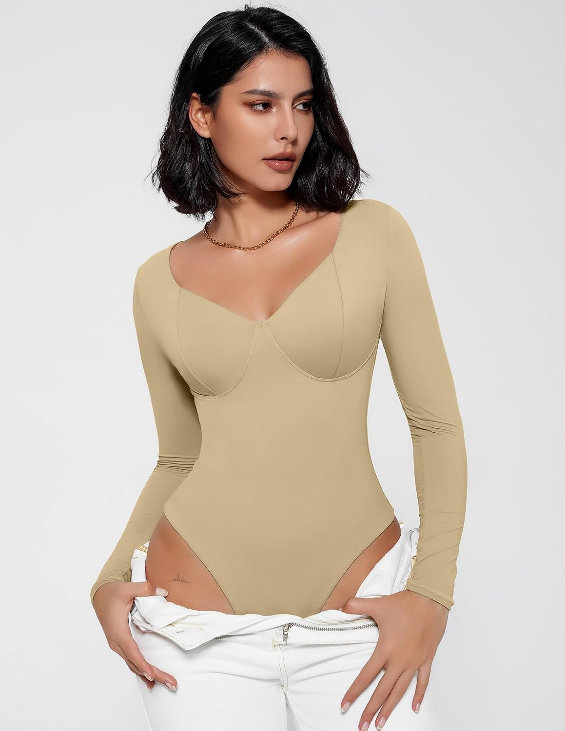 image:imageAvidlove Bodysuit for Women Long Sleeve Double Lined Tank Top V Neck Bodysuit Tummy Control ShapewearKhaki