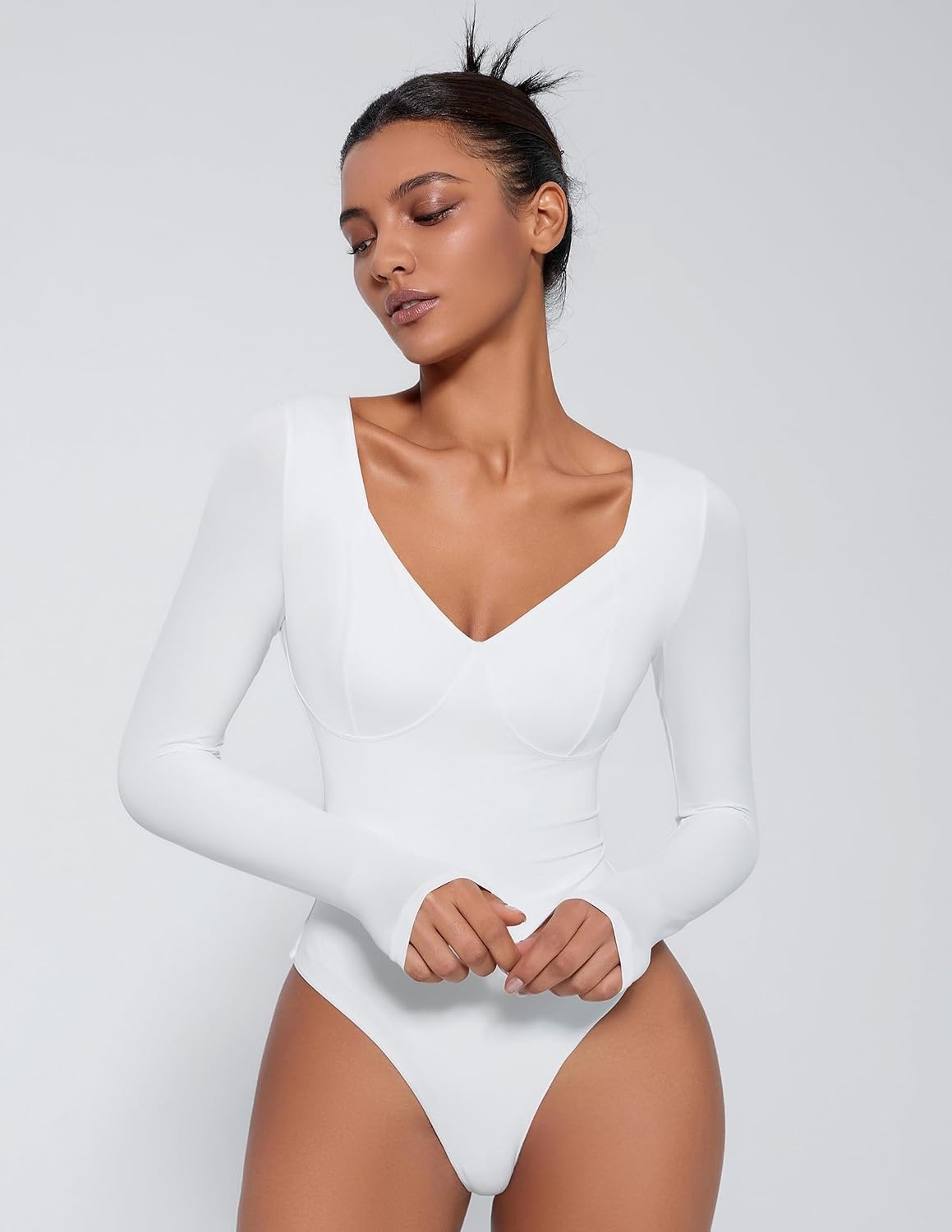 image:imageAvidlove Bodysuit for Women Long Sleeve Double Lined Tank Top V Neck Bodysuit Tummy Control ShapewearWhite