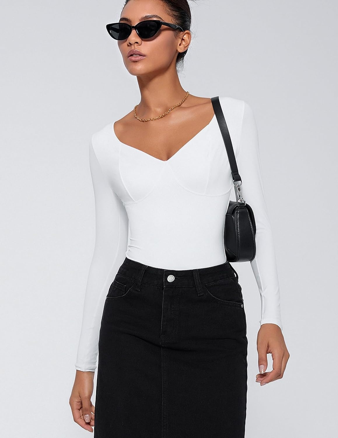 image:imageAvidlove Bodysuit for Women Long Sleeve Double Lined Tank Top V Neck Bodysuit Tummy Control ShapewearWhite