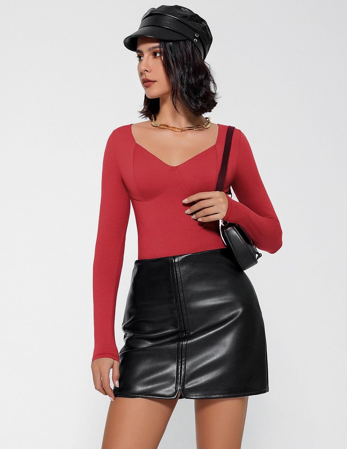 image:imageAvidlove Bodysuit for Women Long Sleeve Double Lined Tank Top V Neck Bodysuit Tummy Control ShapewearWine Red