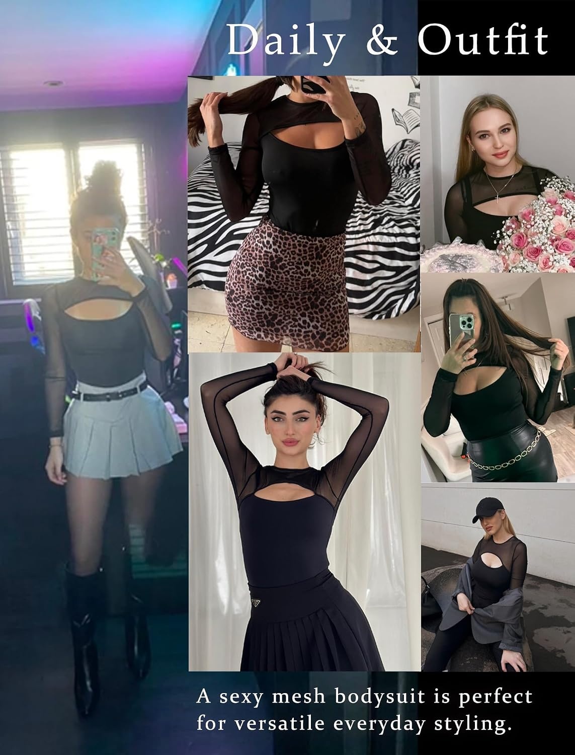 image:imageAvidlove Bodysuits for Women Round Neck Shapewear Bodysuit Long Sleeve Bodysuit Sexy Mesh Top Double Lined Cutout ShirtBlack