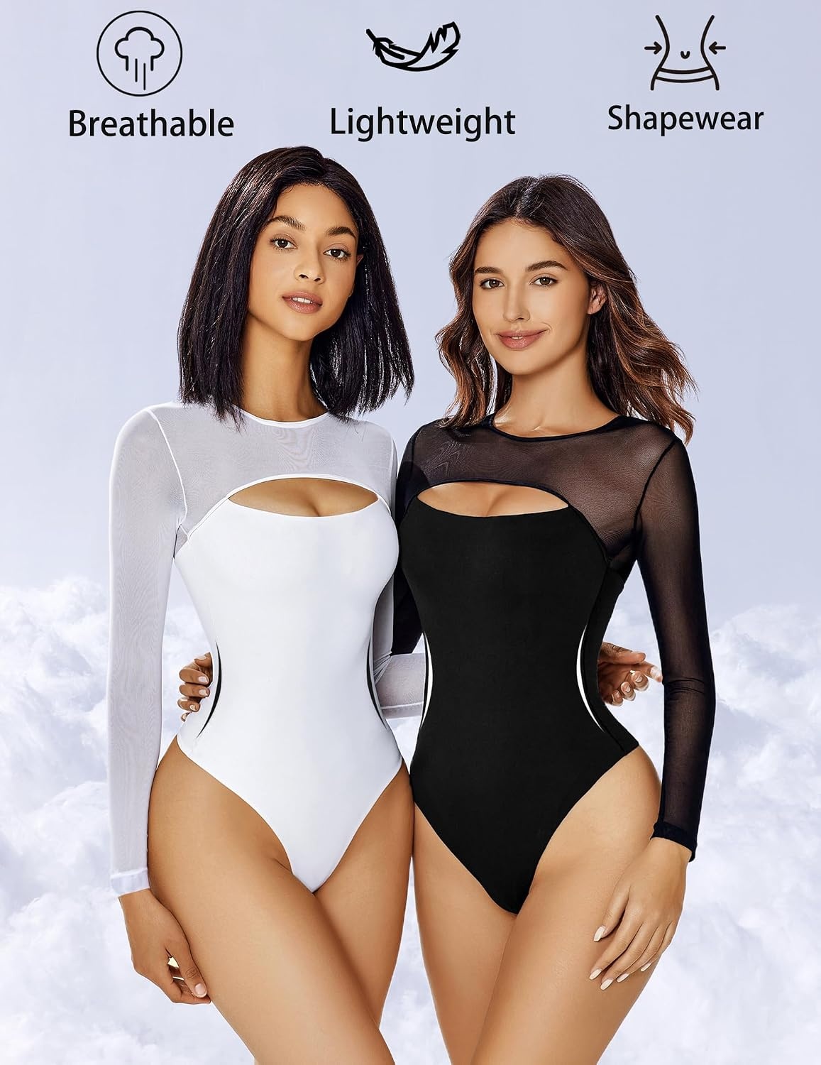 image:imageAvidlove Bodysuits for Women Round Neck Shapewear Bodysuit Long Sleeve Bodysuit Sexy Mesh Top Double Lined Cutout ShirtBlack