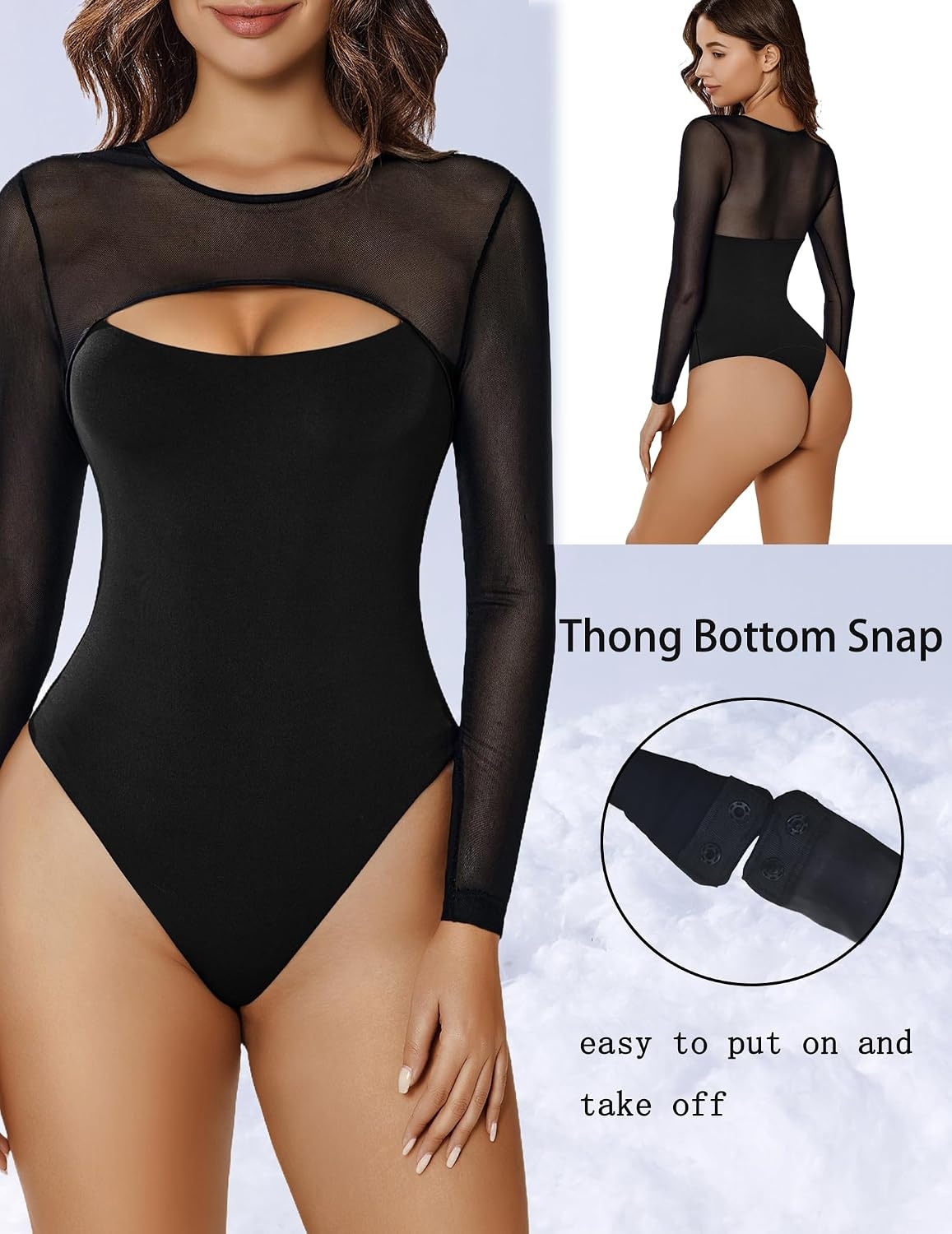 image:imageAvidlove Bodysuits for Women Round Neck Shapewear Bodysuit Long Sleeve Bodysuit Sexy Mesh Top Double Lined Cutout ShirtBlack