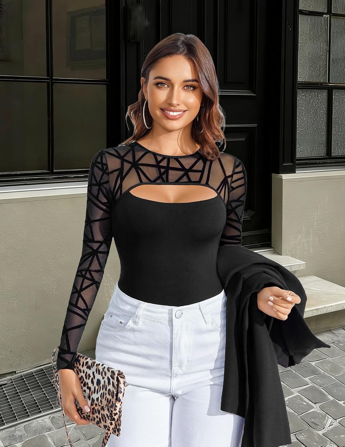 image:imageAvidlove Bodysuits for Women Round Neck Shapewear Bodysuit Long Sleeve Bodysuit Sexy Mesh Top Double Lined Cutout ShirtBlack01
