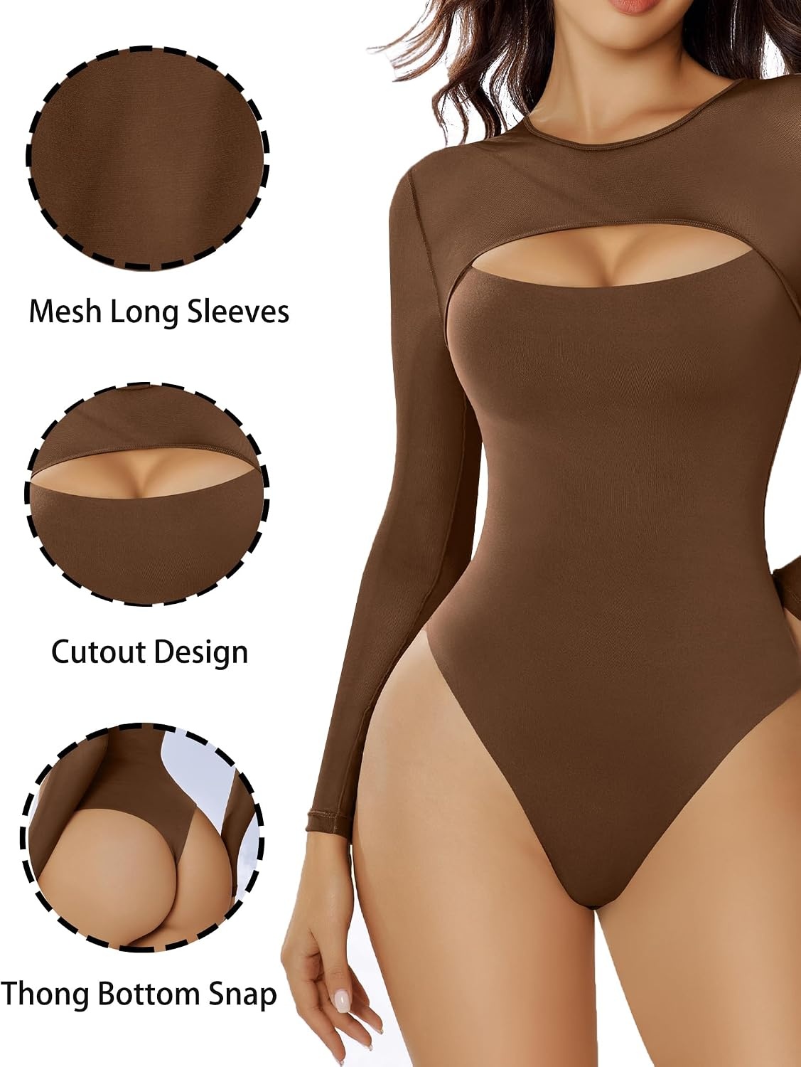image:imageAvidlove Bodysuits for Women Round Neck Shapewear Bodysuit Long Sleeve Bodysuit Sexy Mesh Top Double Lined Cutout ShirtBrown