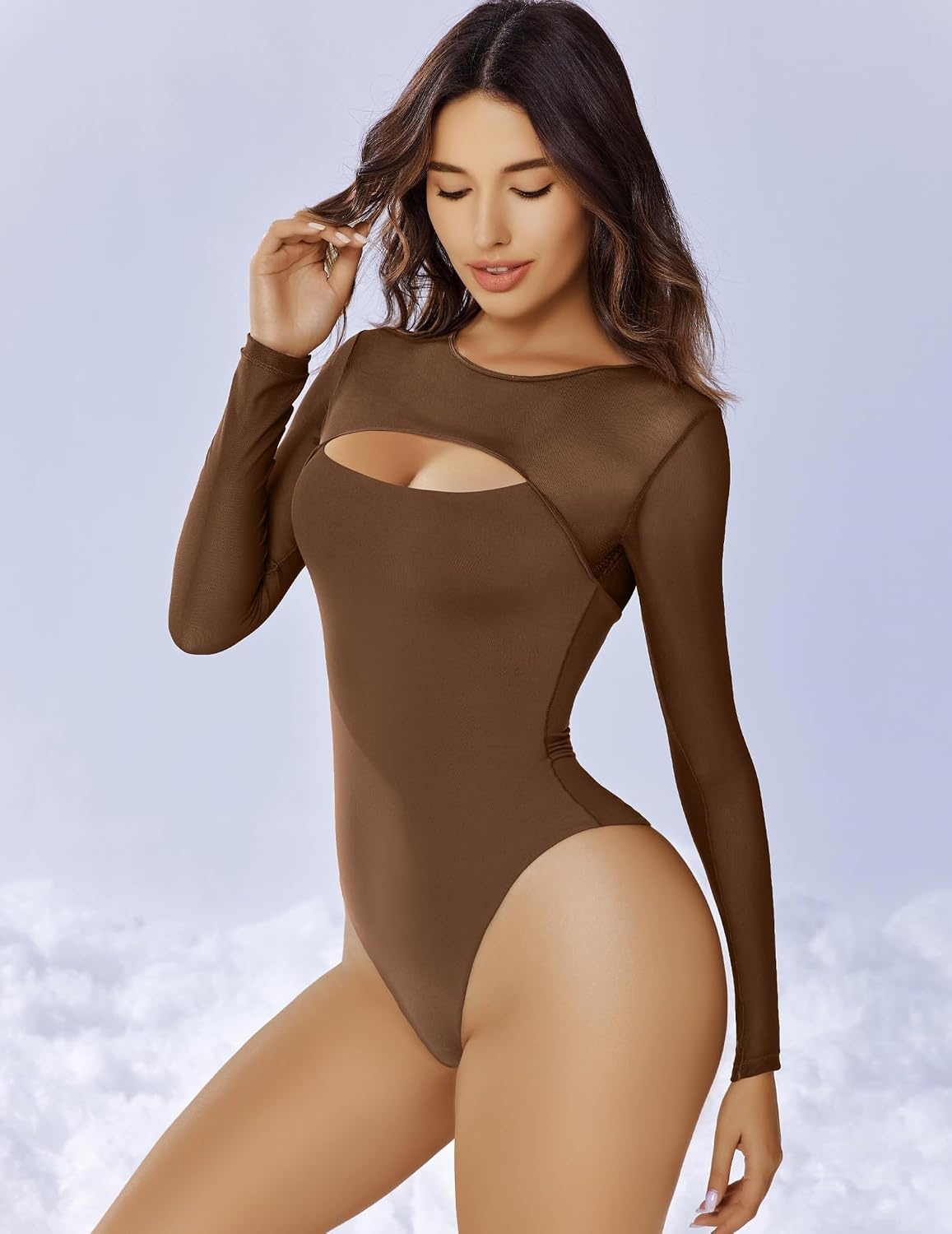 image:imageAvidlove Bodysuits for Women Round Neck Shapewear Bodysuit Long Sleeve Bodysuit Sexy Mesh Top Double Lined Cutout ShirtBrown