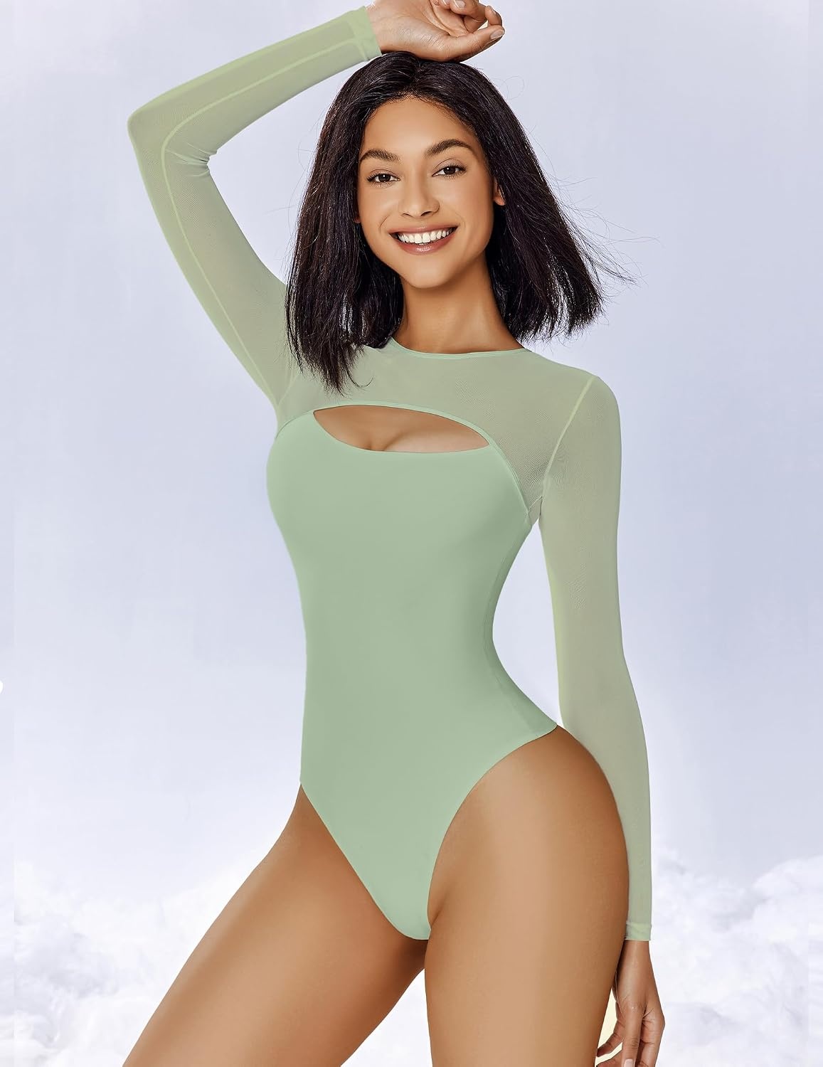 image:imageAvidlove Bodysuits for Women Round Neck Shapewear Bodysuit Long Sleeve Bodysuit Sexy Mesh Top Double Lined Cutout ShirtGray Green
