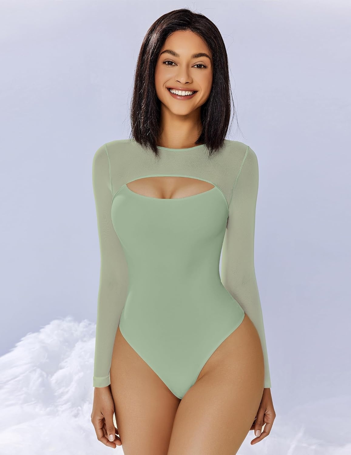 image:imageAvidlove Bodysuits for Women Round Neck Shapewear Bodysuit Long Sleeve Bodysuit Sexy Mesh Top Double Lined Cutout ShirtGray Green
