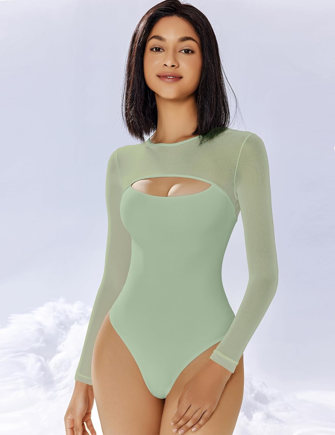 image:imageAvidlove Bodysuits for Women Round Neck Shapewear Bodysuit Long Sleeve Bodysuit Sexy Mesh Top Double Lined Cutout ShirtGray Green