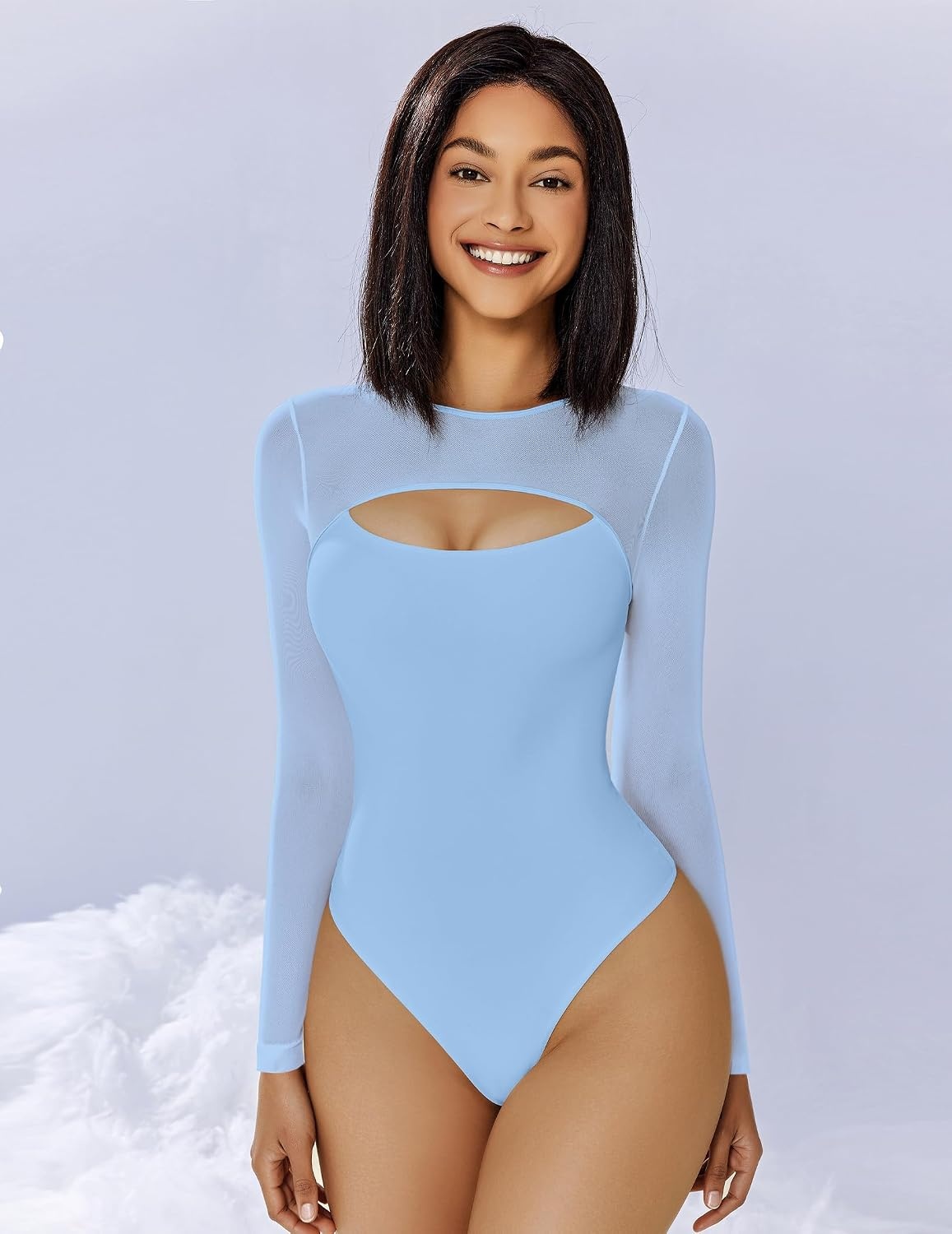 image:imageAvidlove Bodysuits for Women Round Neck Shapewear Bodysuit Long Sleeve Bodysuit Sexy Mesh Top Double Lined Cutout ShirtLight Blue