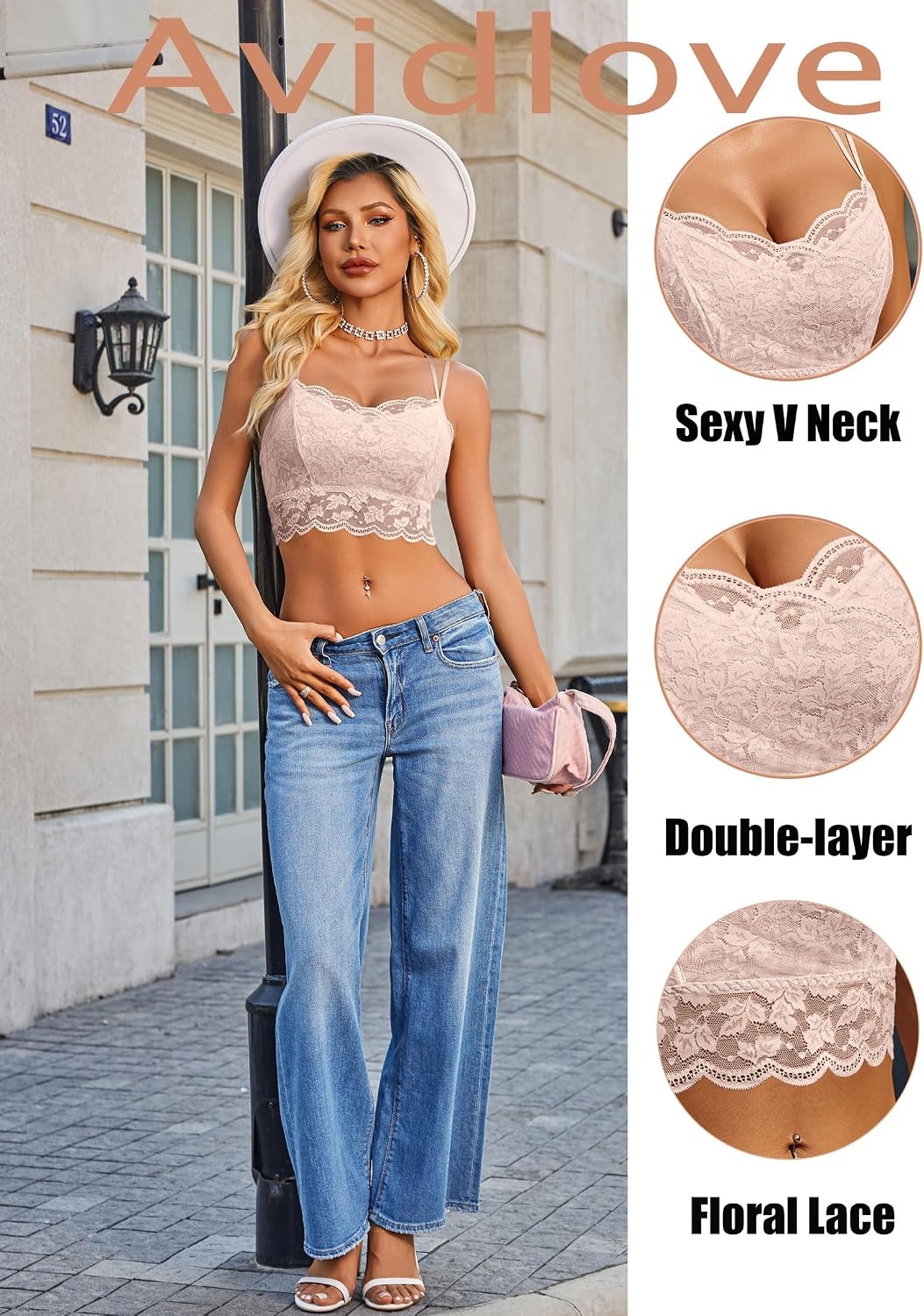 image:imageAvidlove Bralettes for Women Lace Camisole V Neck DoubleLayered Adjustable Strap Tank Cami Crop TopBeige