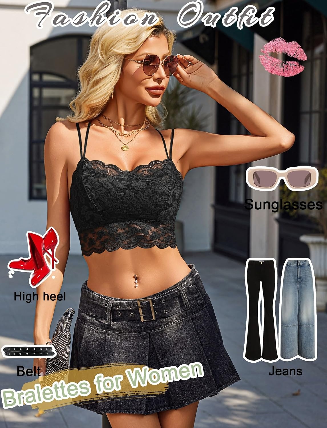 image:imageAvidlove Bralettes for Women Lace Camisole V Neck DoubleLayered Adjustable Strap Tank Cami Crop TopBlack