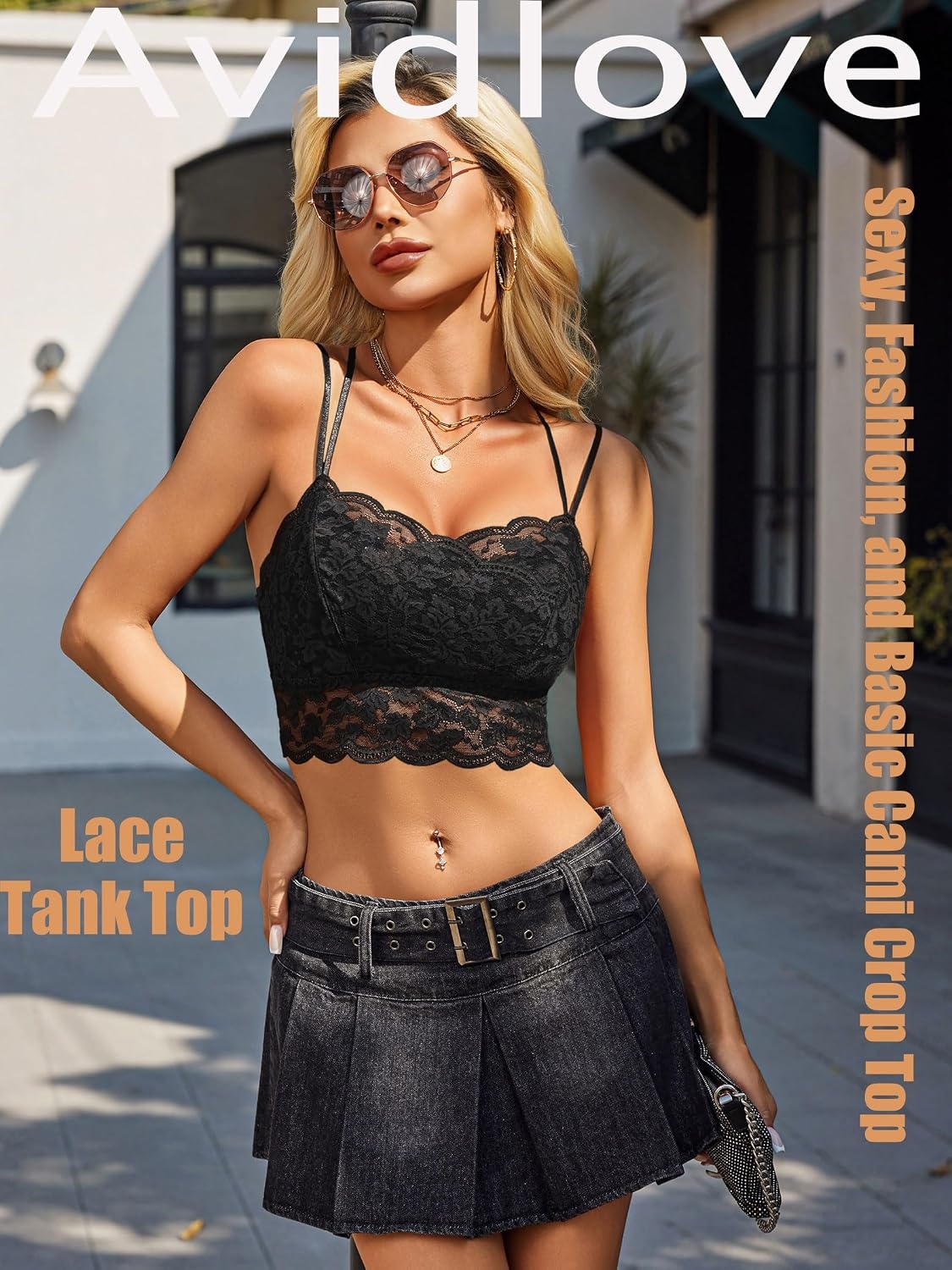 image:imageAvidlove Bralettes for Women Lace Camisole V Neck DoubleLayered Adjustable Strap Tank Cami Crop TopBlack