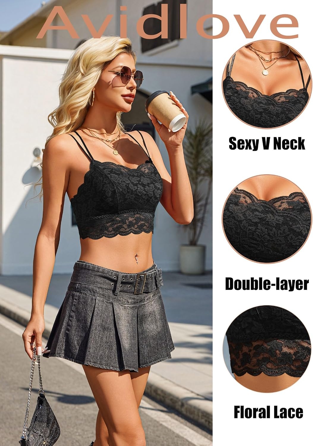 image:imageAvidlove Bralettes for Women Lace Camisole V Neck DoubleLayered Adjustable Strap Tank Cami Crop TopBlack