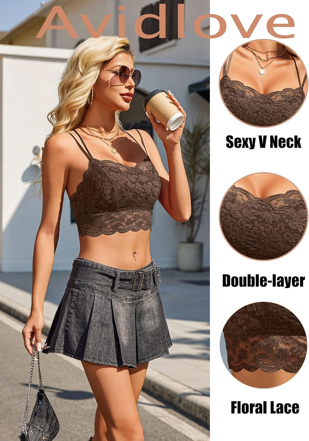 image:imageAvidlove Bralettes for Women Lace Camisole V Neck DoubleLayered Adjustable Strap Tank Cami Crop TopBrown