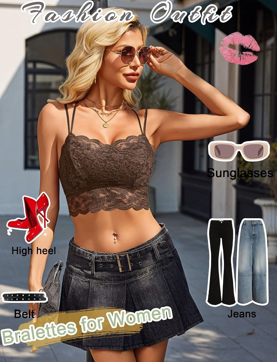image:imageAvidlove Bralettes for Women Lace Camisole V Neck DoubleLayered Adjustable Strap Tank Cami Crop TopBrown