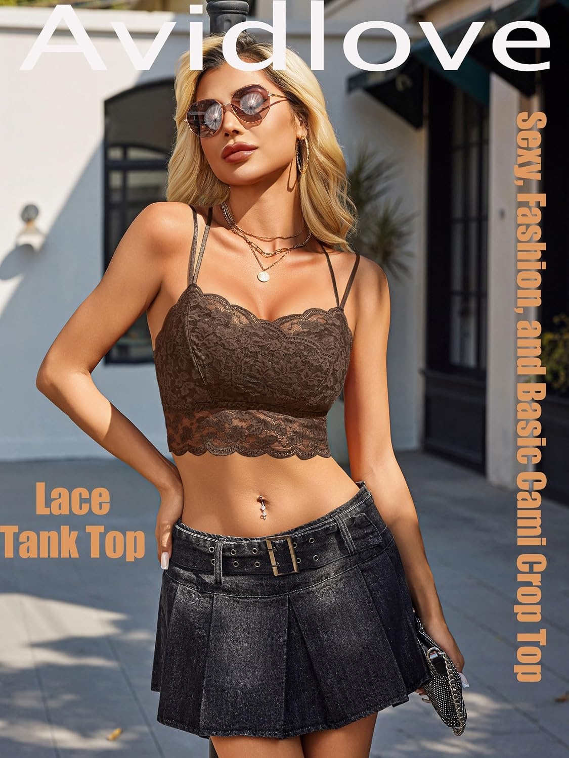 image:imageAvidlove Bralettes for Women Lace Camisole V Neck DoubleLayered Adjustable Strap Tank Cami Crop TopBrown