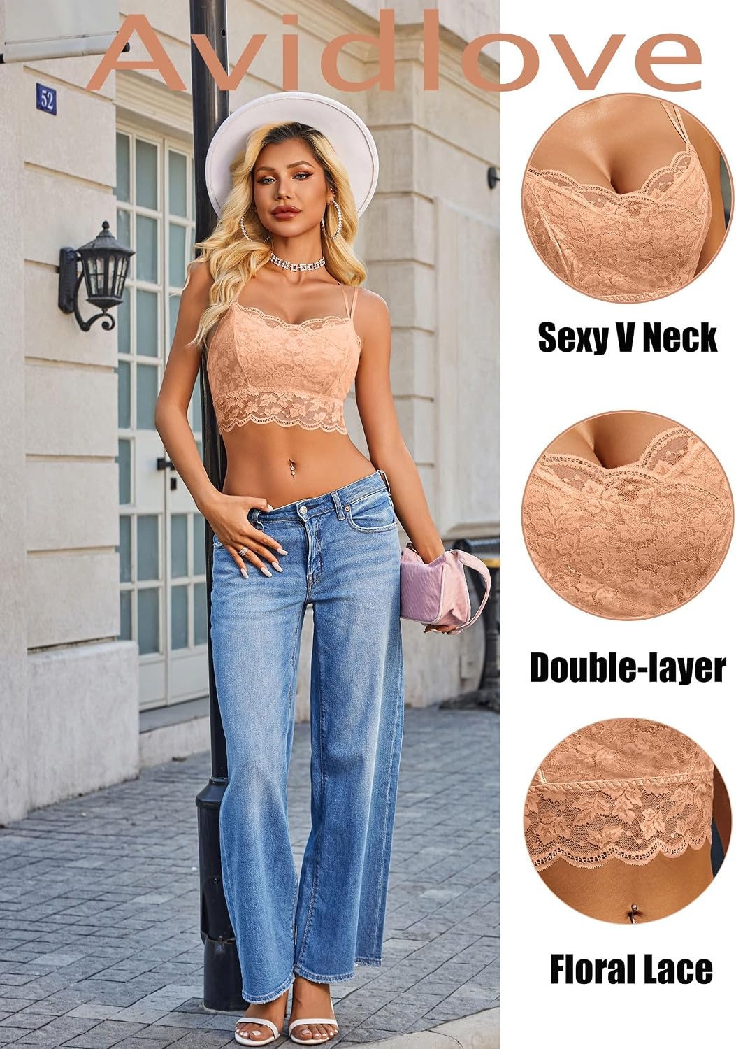 image:imageAvidlove Bralettes for Women Lace Camisole V Neck DoubleLayered Adjustable Strap Tank Cami Crop TopChampagne